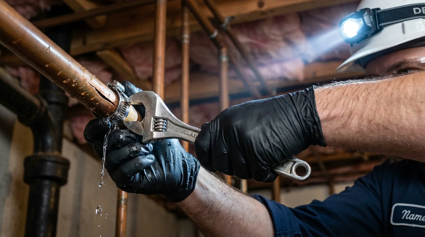 Emergency pipe clamp repair being performed by a Johns Plumbing LLC plumber in Quarryville