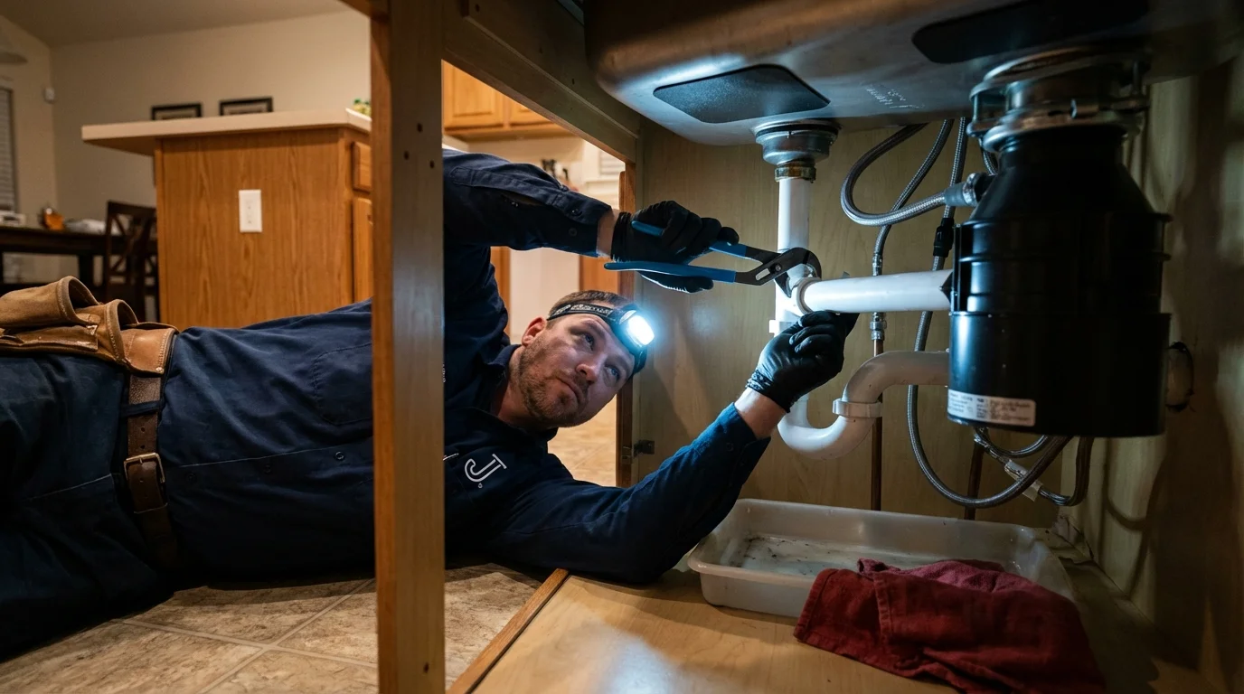 P-trap and supply line connections under a kitchen sink showing a common leak point in Quarryville, PA